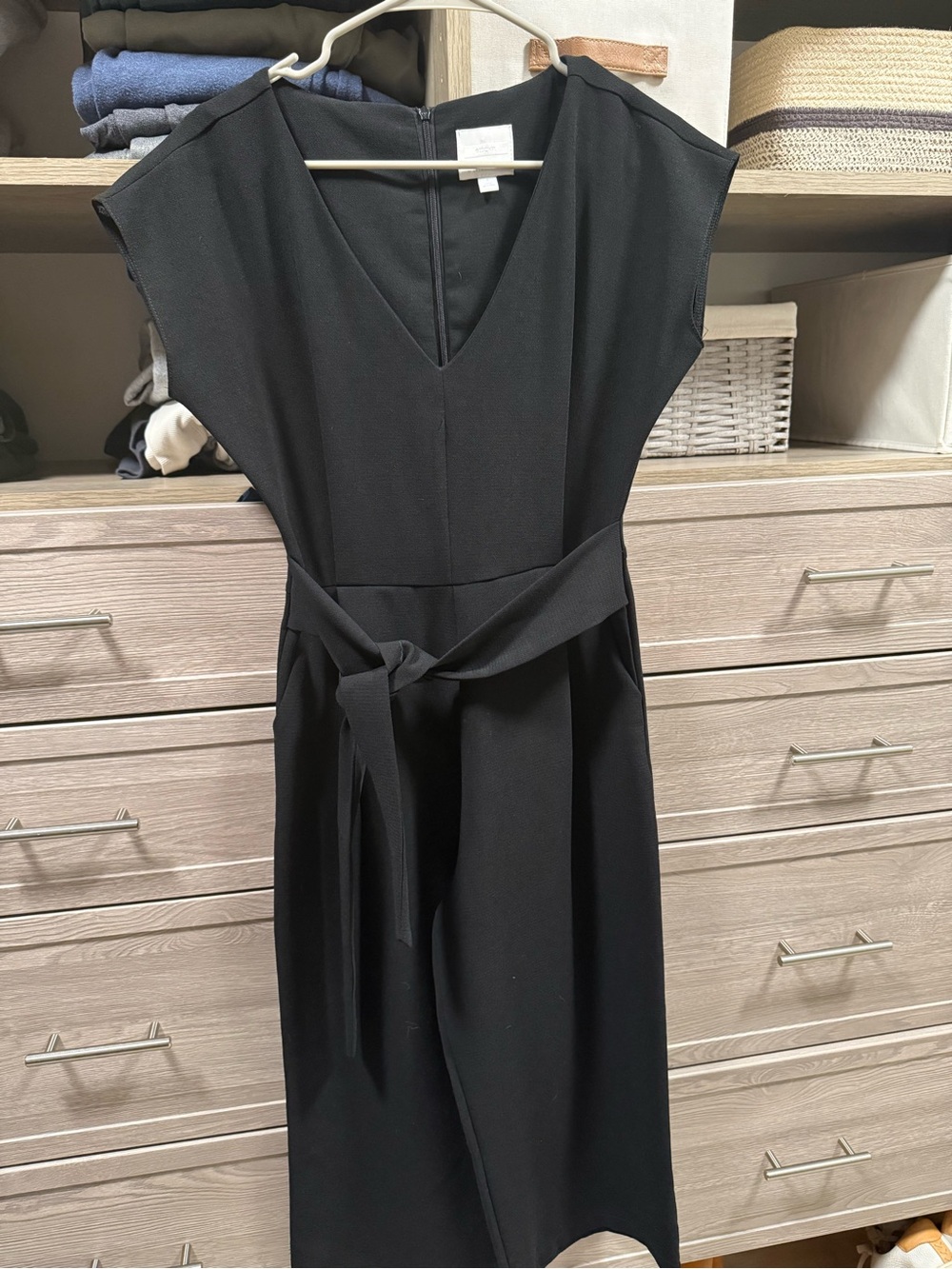 Anthropologie Black Wide Leg Cropped Jumpsuit V-Neck Tie Waist S